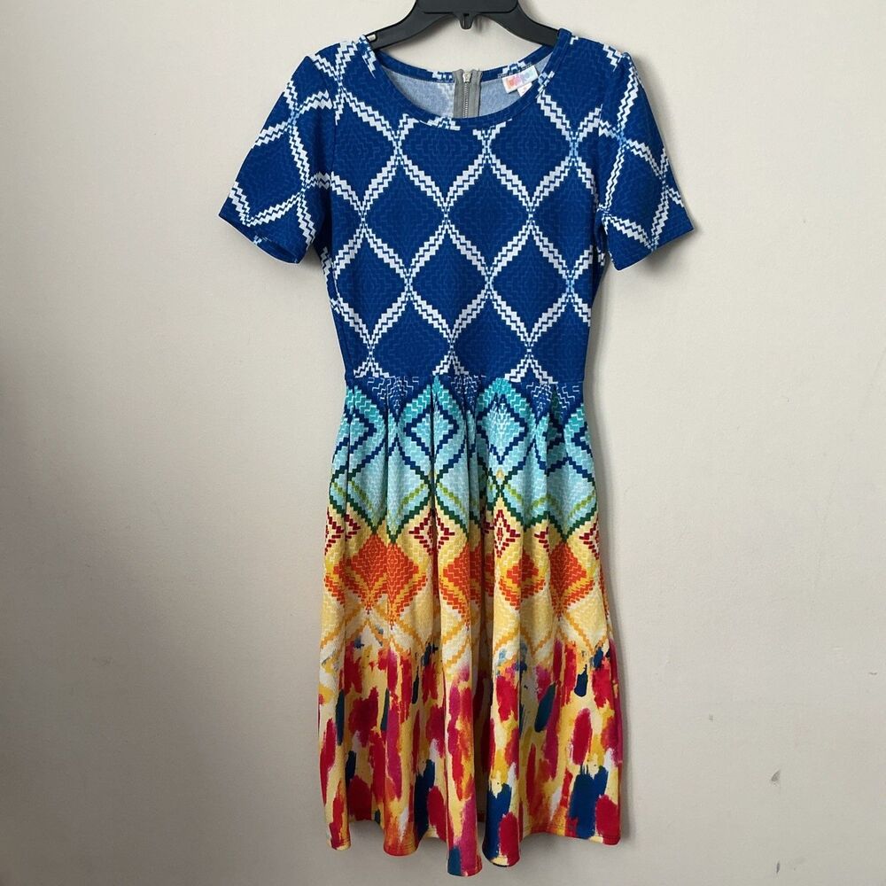 LuLaRoe Amelia Dress Rainbow Dipped Ombré Pockets Pleated Zip Small
